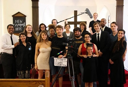 Film Connection student Giovanna Caruso (front, in red) with cast and crew of the short film "A Life Worth Living"